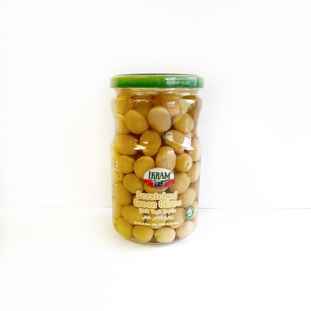 Scratched Green Olives- 400g net - GLASS